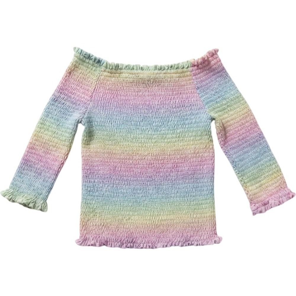 Knit Works Girls Pastel Rainbow Smocked Off The Shoulder Top Lettuce Trim 14